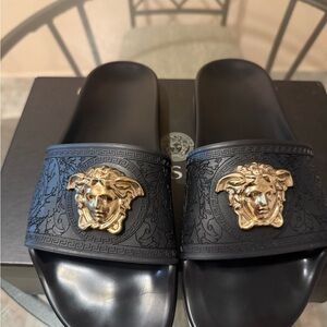 Versace Black and Gold Medusa Sandals